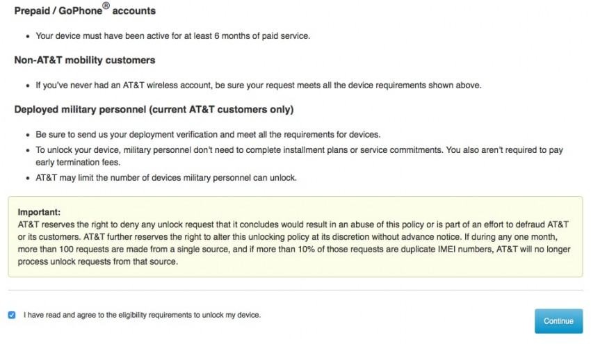 at&t device unlock no email