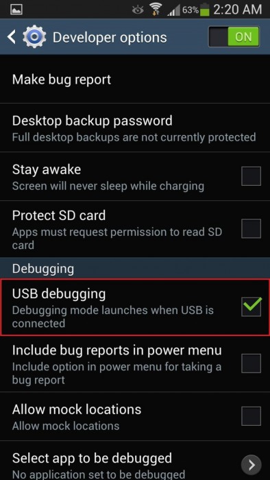 enable usb debugging