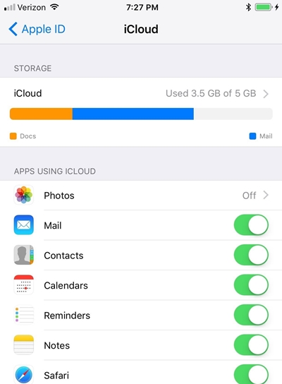 storage settings of iCloud
