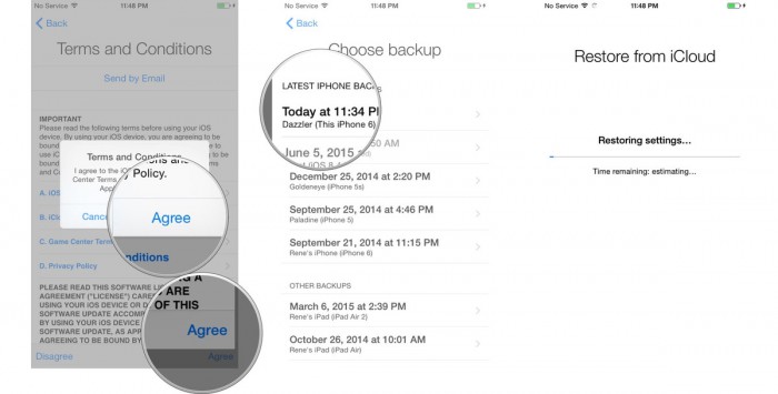 scegli l'ultimo backup di iCloud