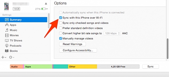 como efetuar backup num iPhone - sincronizando o iPhone com o iTunes através do WiFi