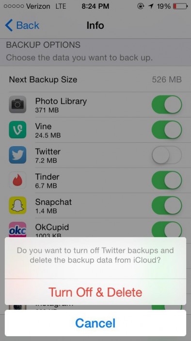 desative o backup do icloud para aplicativos grandes