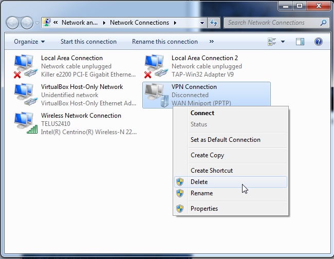 delete vpn connection on windows 7