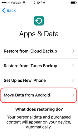 trasferire messaggi da android a iPhone XS (Max) con Passa a iOS
