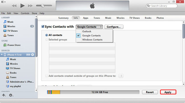 export iphone contacts to gmail using itunes