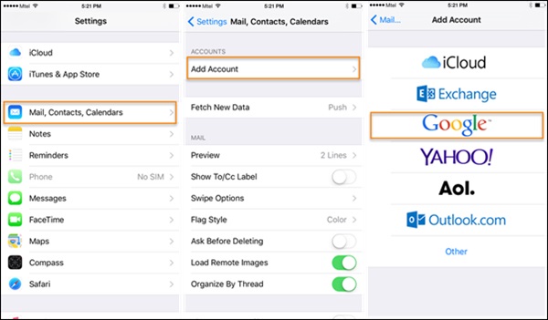 iPhone-Kontakt über die iPhone-Einstellungen zu Gmail exportieren.