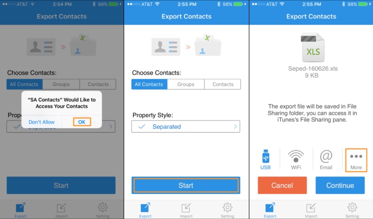 export iphone contacts to excel with sa contacts lite