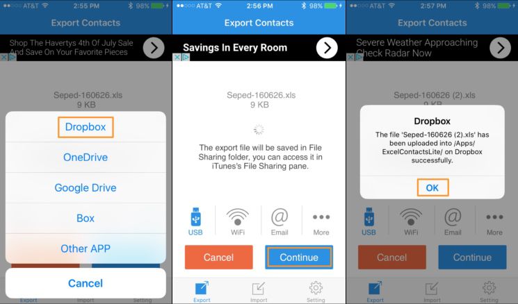 export iphone contacts excel file to dropbox