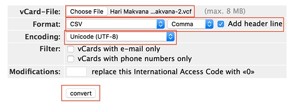 convert vcard contacts to excel csv file