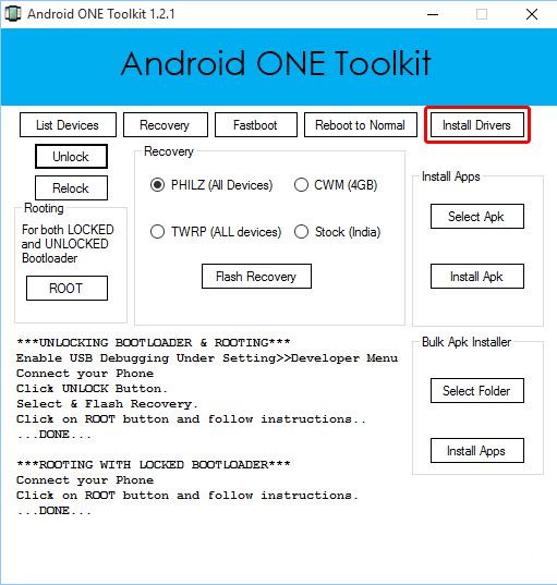 hauptbildschirm des android one toolkits