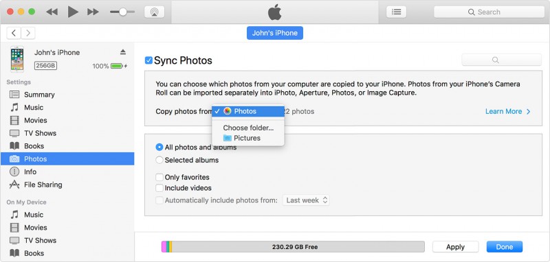 sincronizza foto da computer a pc con itunes