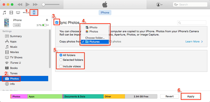 transferencia de fotos a iPhone utilizando iTunes