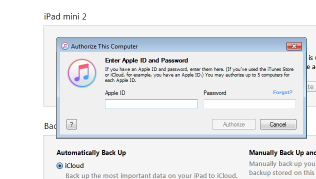 Sincronizando o iPad com um Novo Computador Usando o iTunes - fornecendo a ID e a senha da Apple ID
