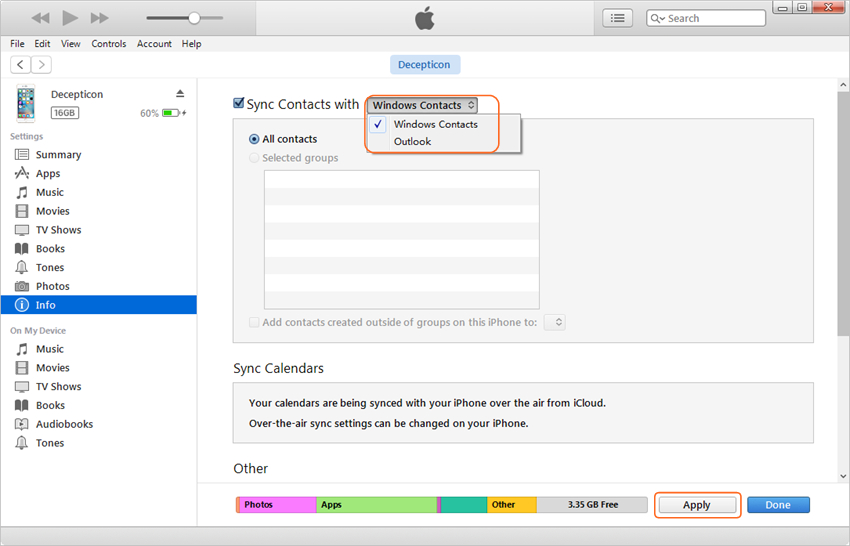 Transférer des contacts d'iTunes vers iPhone - étape 3: sélectionnez Infos