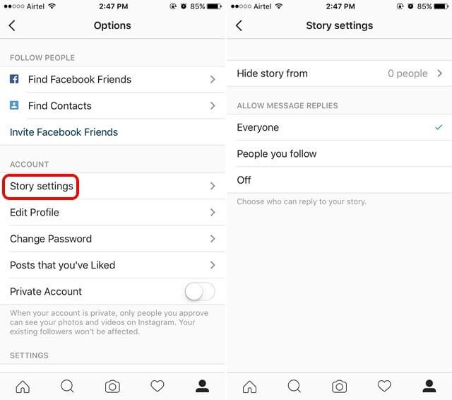 protect instagram privacy - story settings