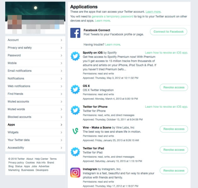 twitter privacy note - revoke 3rd-party app access