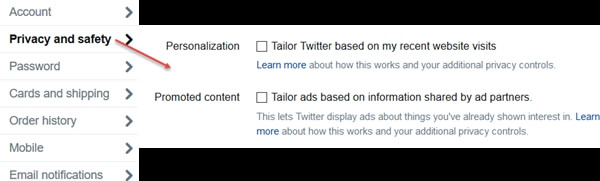 twitter privacy note - no tailored ads