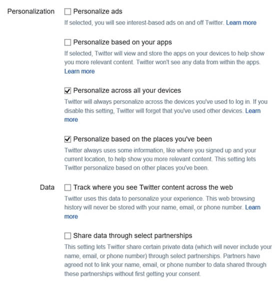 twitter privacy note - change custom settings