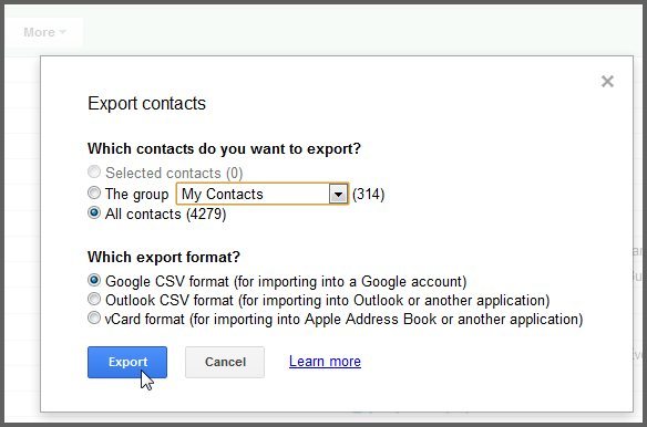 importar contatos do gmail para o android-selecione VCF/vCard/CSV como formato de exportação