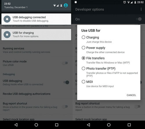 turn on file transfer on android