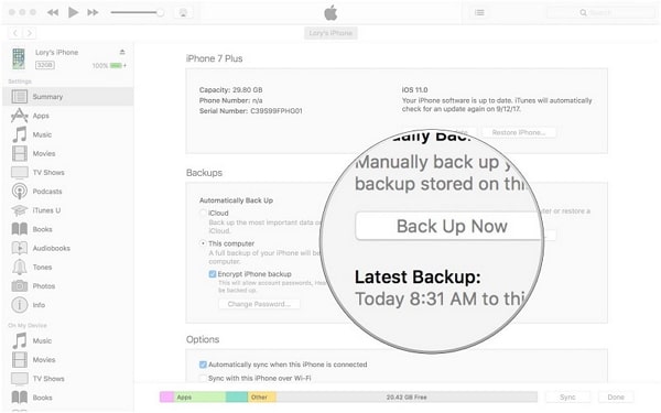 verifique o último backup do itunes