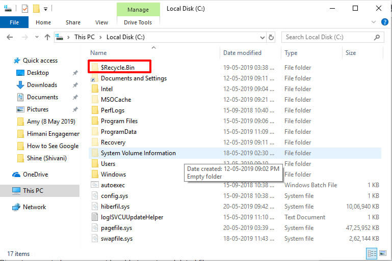 recycle bin corrupted - look for recycle bin