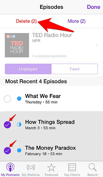 delete podcasts from ios in batches