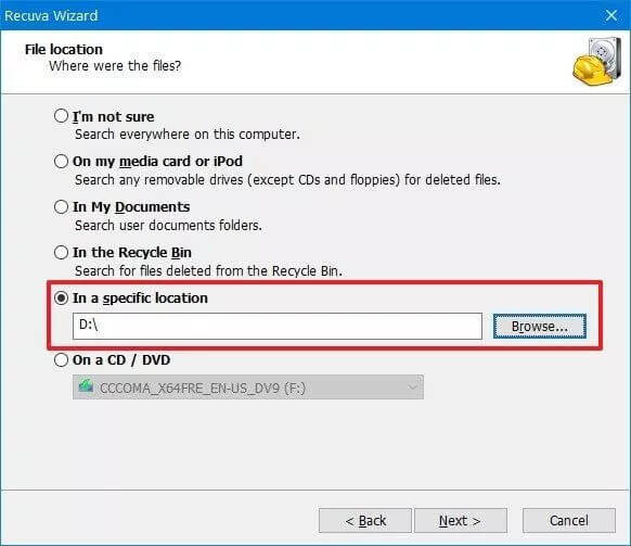 recuva data recovery - select location