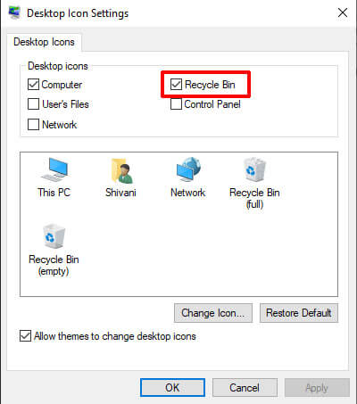 remove recycle bin from desktop on win 10 - press apply