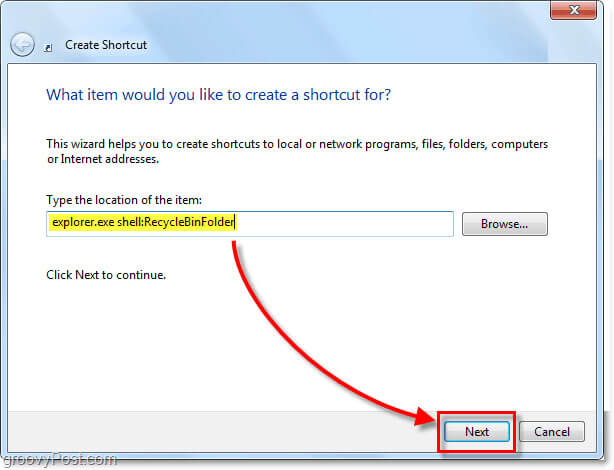 Papierkorb suchen in Windows 7 - Befehl einfügen