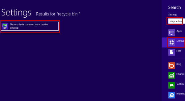 remove recycle bin from desktop on win 8 - show common icons