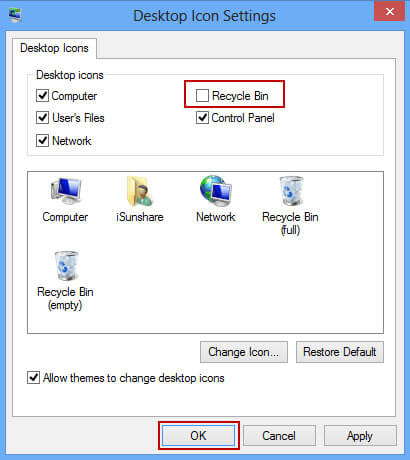 remove recycle bin from desktop on win 8 - unmark option