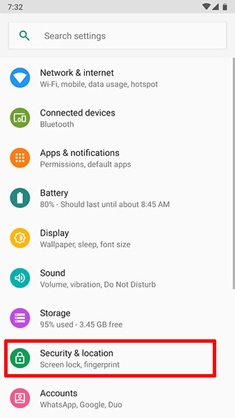 settings on device