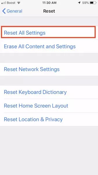 reset all settings