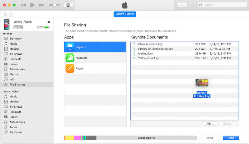 Ziehen Sie die Dateien per Drag-and-Drop auf Apps im iTunes-Fenster File-Sharing