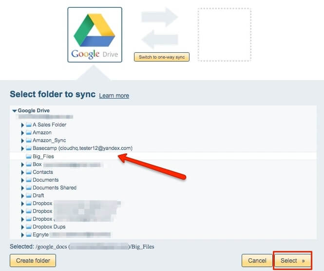 select folders to sync