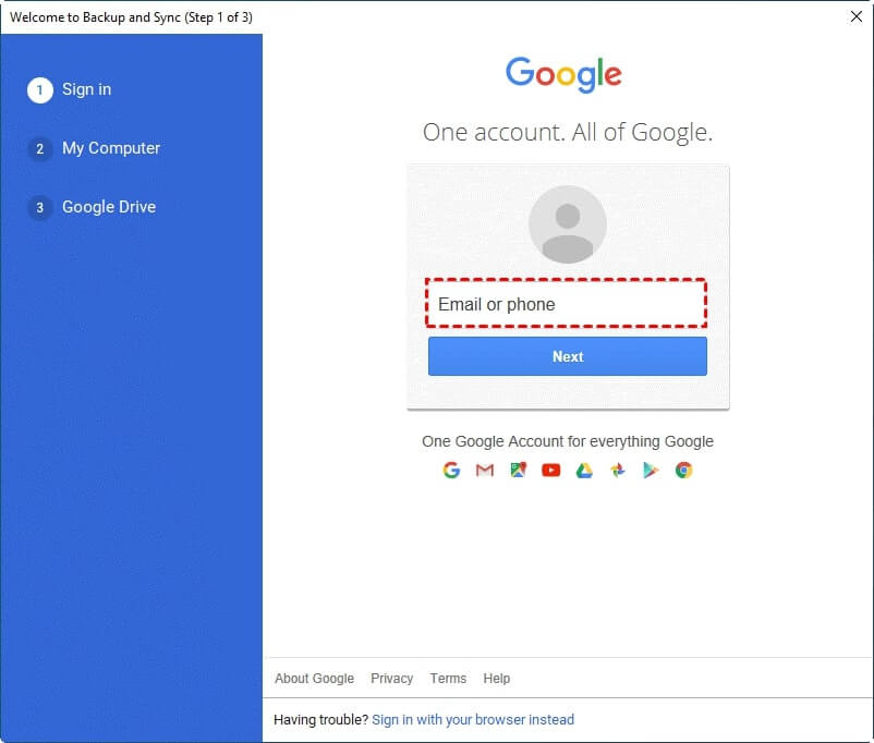 sign in google drive back up and sync