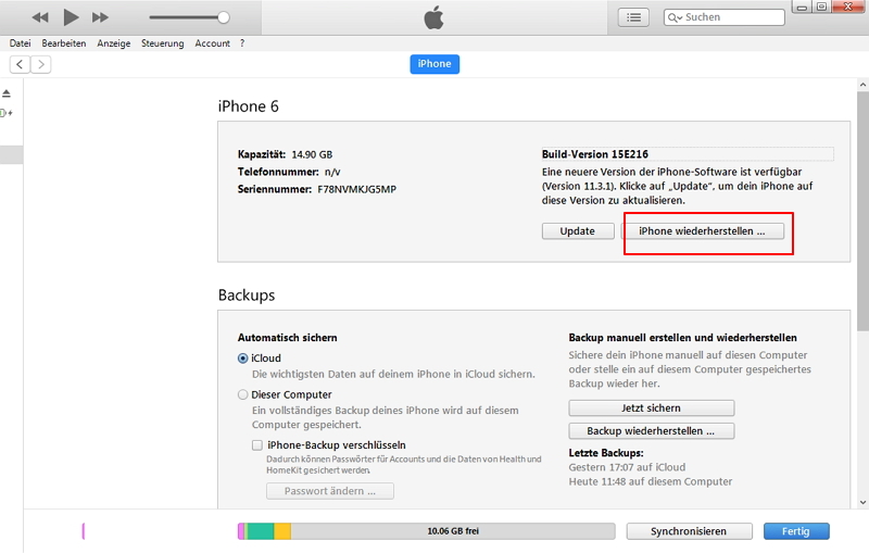 restore iPhone on iTunes