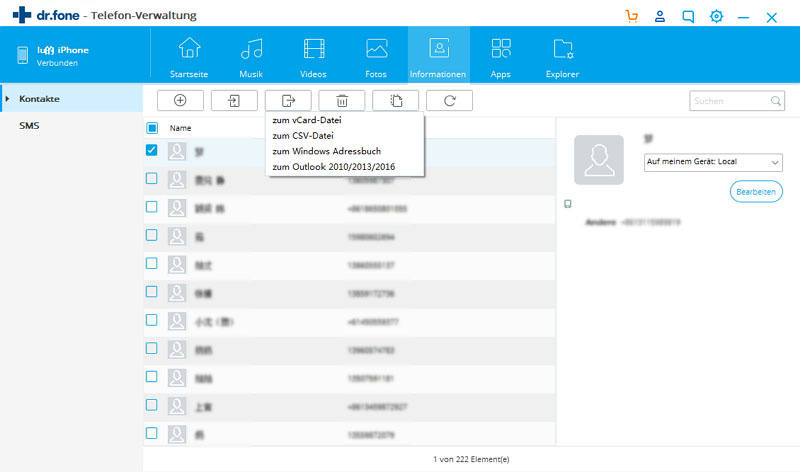 iPhone-Kontakte mittels einer Drittsoftware an Gmail übertragen - dr.fone