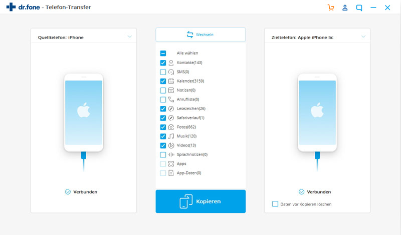 alle Daten mit dr.fone vom alten iPhone auf das iPhone XS (Max) übertragen