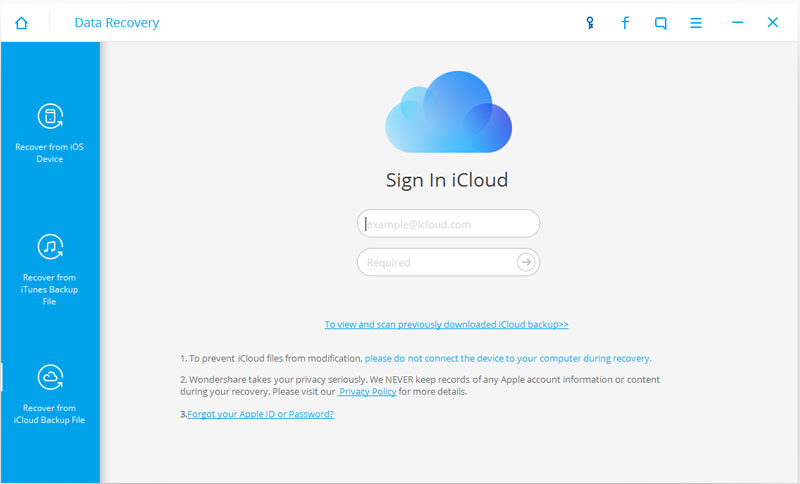 step 1 to recover data from iCloud by Dr.Fone