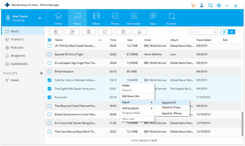 Musik vom iPod auf den Windows Media Player übertragen mit Dr.Fone - Telefon-Verwaltung (iOS)