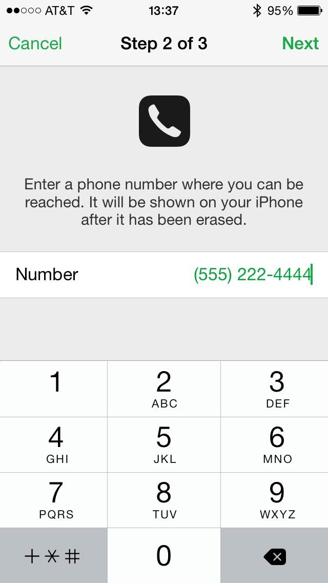  enter phone number erase iphone