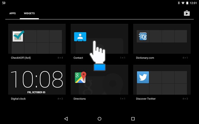 passos para adicionar o widget de contatos favoritos em tablets android