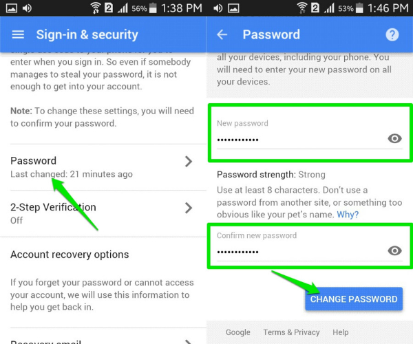 reset Gmail password on Android