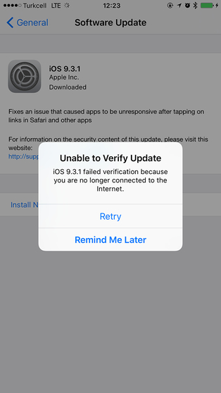 Unable to Verify Update iOS 9.3