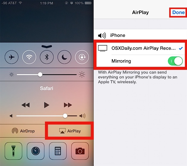 Airplay iPhone a Mac - deslice hacia arriba desde la parte inferior de la pantalla