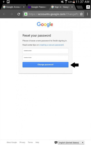 Android Google Passwort zurücksetzen, das neues Passwort eingeben