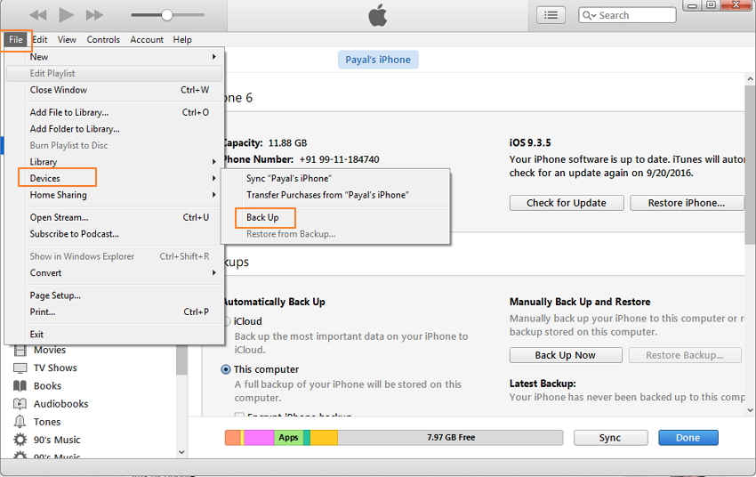 Haga copia de seguridad de iPhone a disco duro externo con iTunes