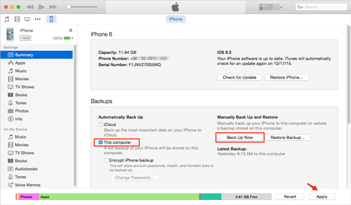 how to backup iPhone with iTunes